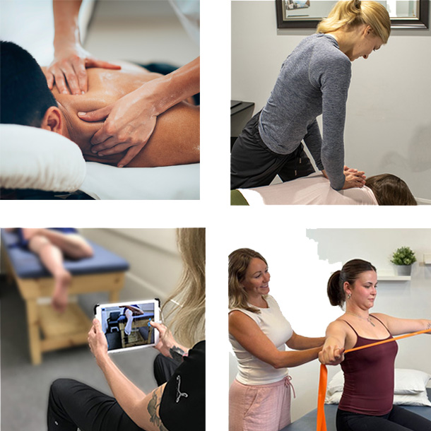 Four panels displaying clinic services: manual massage therapy, chiropractic care, a digital orthotics or gait assessment on a tablet, and physical therapy exercises.